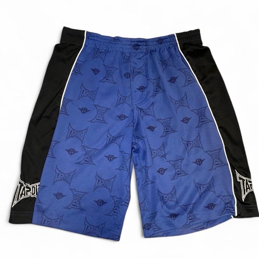 Vintage Tapout MMA Shorts Blue and Black Graphic Print All Over Logo